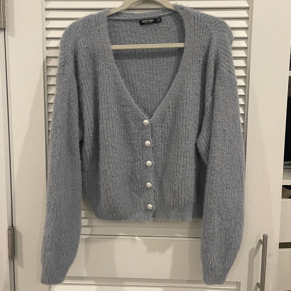 Blue fuzzy pajama set with fake pearl buttons